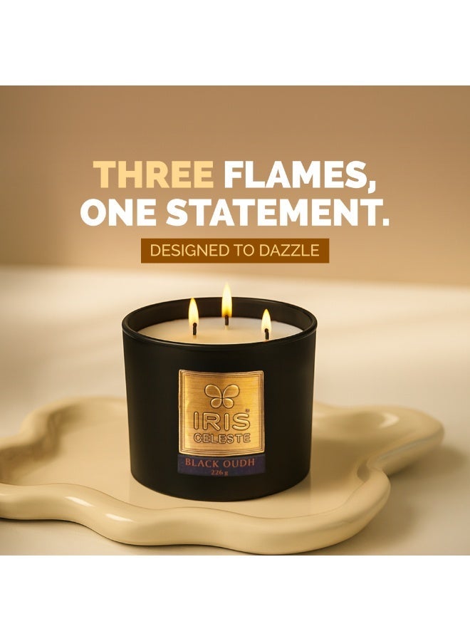 IRIS CELESTE Black Oud Jar Candle with lid - 226grams, 3 Wick Scented Candle 8oz | Warm Woody Fragrance | Perfect for Ramadan & Eid Gifts, Ceremonies, Meditation & Room Perfuming - Image 3